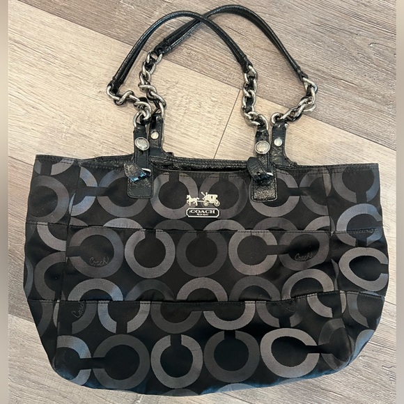 Coach Signature Black Chain Tote Bag • Patent Trim • Shoulder Purse🖤 - Picture 7 of 10